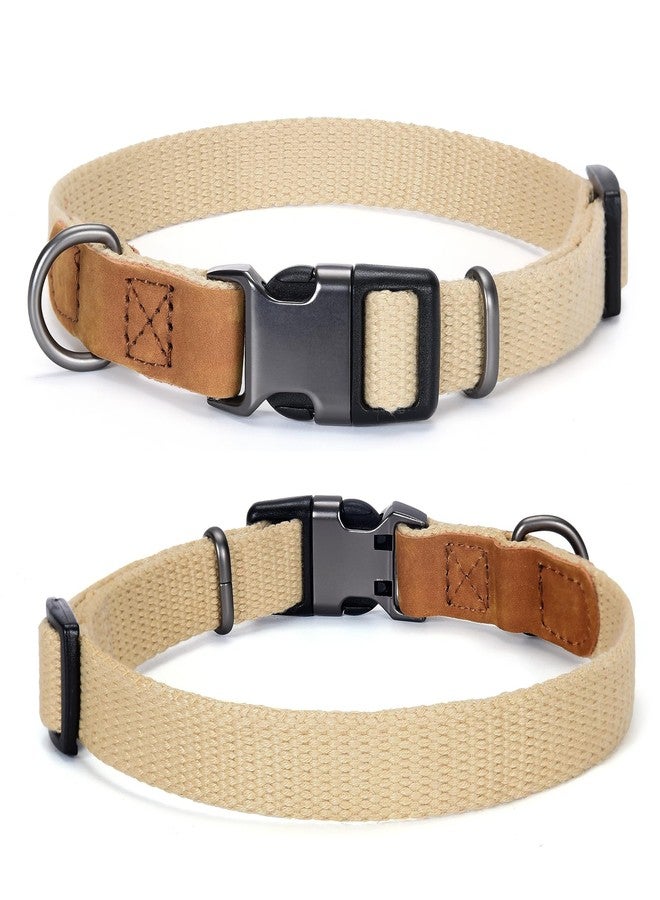 Mile High Life Dog Collars | Soft Cotton Dog Collars w Heavy Metal Buckle | Classic Puppy Collar w Premium Genuine Leather Tips | Pet Collars for Large Dogs (Khaki) - Image 1