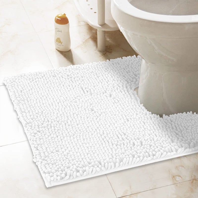 ITSOFT NonSlip Shaggy Chenille Toilet Contour Bathroom Rug with Water Absorbent 24 x 21 Inches UShaped White