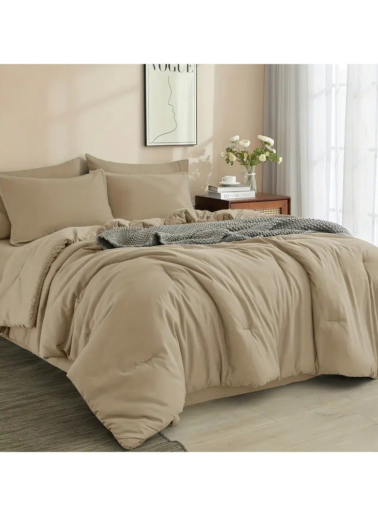 PHF 7 Piece King Bed-in-a-Bag Comforter Set, Lightweight Bedding Collection, Set includes 1x 265cm x 230cm Comforter + 1x 275cm x 260cm Flat Sheet + 1x 200cm x 205cm Fitted Sheet (40cm Deep Pocket) + 4x Pillowcases (2x 50cm x 90cm + 2x 50cm x 100cm), Khaki - Image 1