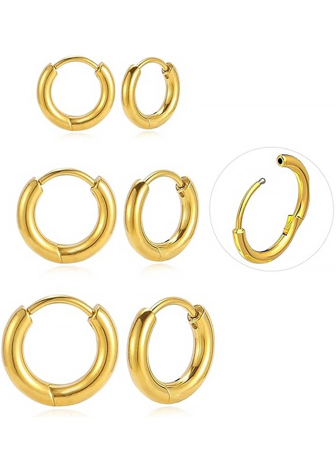 3 Pair Titanium Hoop Earrings, Hinged Huggie Hoop Earrings for Lobe Cartilage 8mm/10mm/12mm Hypoallergenic Lightweight Huggie Hoops Earring with Plated Earrings for Women Men Girls - Image 1