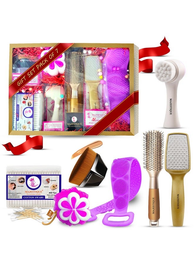 Majestique Personal Care Gift Pack | 7-Item Gift Hamper - Premium looks Hair Brush- Foot Scrubber, Face Brush, Bath Belt, Body Loofah, Cotton Swabs - Wedding Gift Set | Anniversary Gift Pack - Image 1
