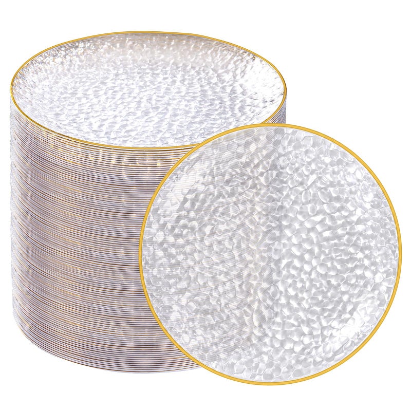 Rubtlamp 100 Pack Clear Gold Plastic Dessert Plates, 6Inch Clear Gold Small Appetizer Plates With Hammered, Heavy Duty Disposable Salad Plate, Elegant Cake Platos for Wedding, Birthday, Teatime - Image 1
