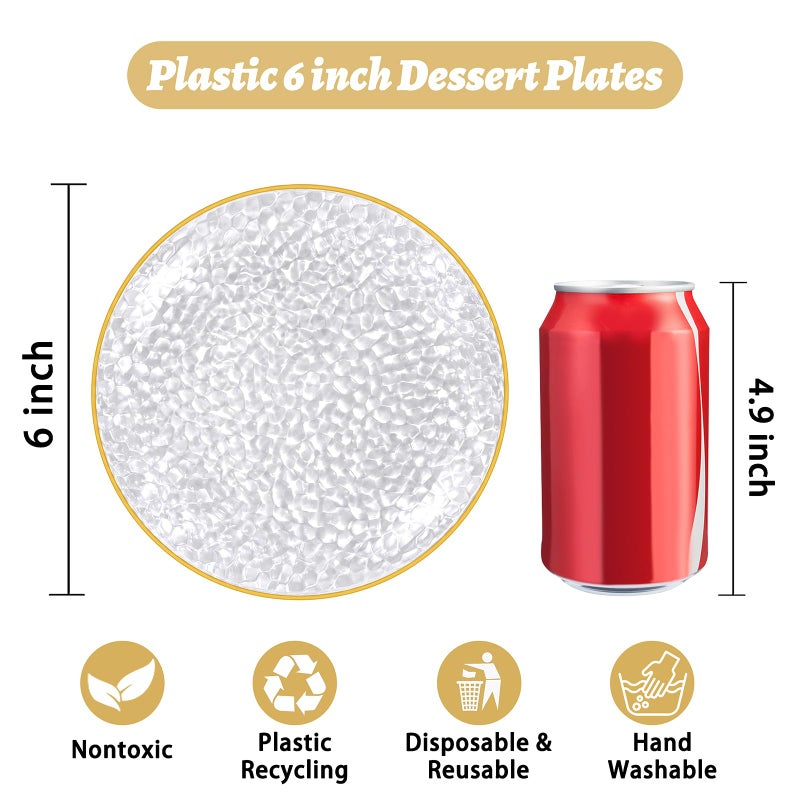 Rubtlamp 100 Pack Clear Gold Plastic Dessert Plates, 6Inch Clear Gold Small Appetizer Plates With Hammered, Heavy Duty Disposable Salad Plate, Elegant Cake Platos for Wedding, Birthday, Teatime - Image 2