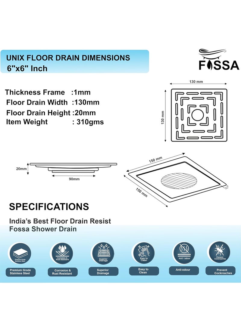 FOSSA Fossa Apex 6"X6" Inch Floor Drain, Premium Stainless Steel, for Bathroom Grating Square Floor Drain Jali, Matte Finish  - Image 2