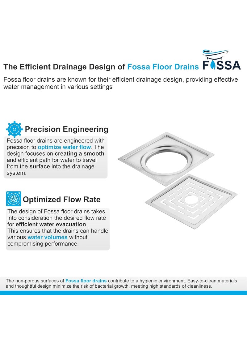 FOSSA Fossa Apex 6"X6" Inch Floor Drain, Premium Stainless Steel, for Bathroom Grating Square Floor Drain Jali, Matte Finish  - Image 4