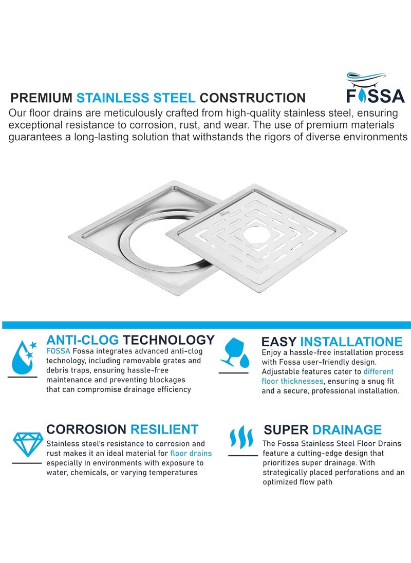 FOSSA Fossa Apex 6"X6" Inch Floor Drain, Premium Stainless Steel, for Bathroom Grating Square Floor Drain Jali, Matte Finish  - Image 3