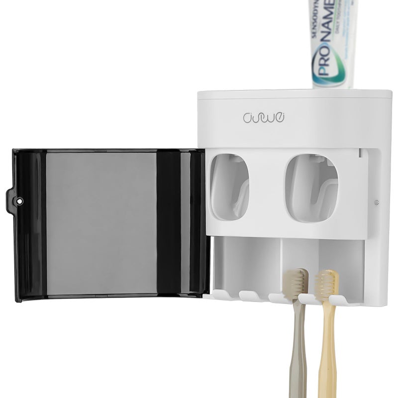 Linkidea Toothbrush Holder with 2 Toothpaste Squeezer 4 Slot Plastic Brush Hanger for Shower Bathroom Wall Mount Dispenser Compatible with OralB CrossAction Colgate Extra Clean