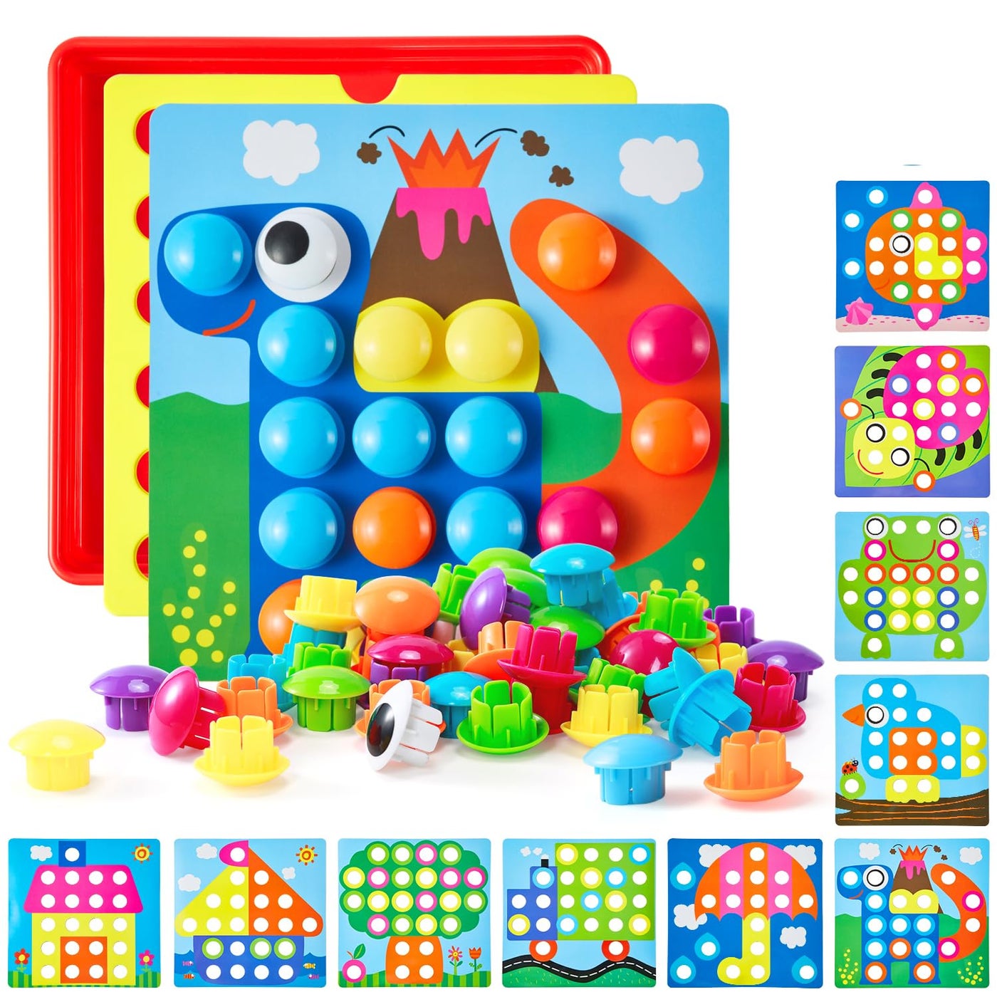 Geekper 68PCS Button Art Toys for Toddlers Color Matching Mosaic Pegboard, Early Learning Educational Toys for 3, 4, 5, 6 Year Old Kids Boys and Girls, 10 Pictures and 58 Buttons