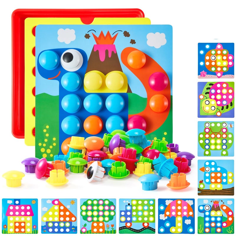 Geekper 68PCS Button Art Toys for Toddlers Color Matching Mosaic Pegboard, Early Learning Educational Toys for 3, 4, 5, 6 Year Old Kids Boys and Girls, 10 Pictures and 58 Buttons - Image 1