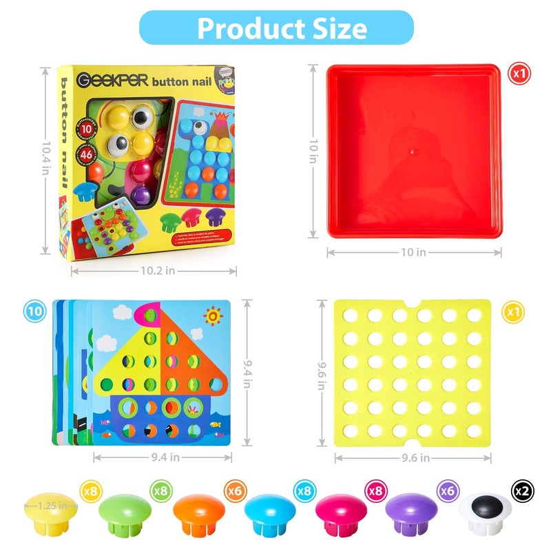 Geekper 68PCS Button Art Toys for Toddlers Color Matching Mosaic Pegboard, Early Learning Educational Toys for 3, 4, 5, 6 Year Old Kids Boys and Girls, 10 Pictures and 58 Buttons - Image 4