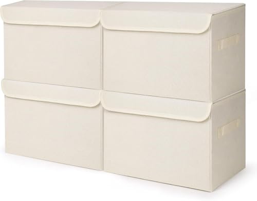 Bagnizer Large 22 Quart [4-Pack] Linen Fabric Foldable Storage Bin Cube Organizer Basket with Flip-Top Lid & Handles, Clothes Blanket Box for Home, Office, Closet (14.6 x 9.5 x 9.5, Beige) - Image 1