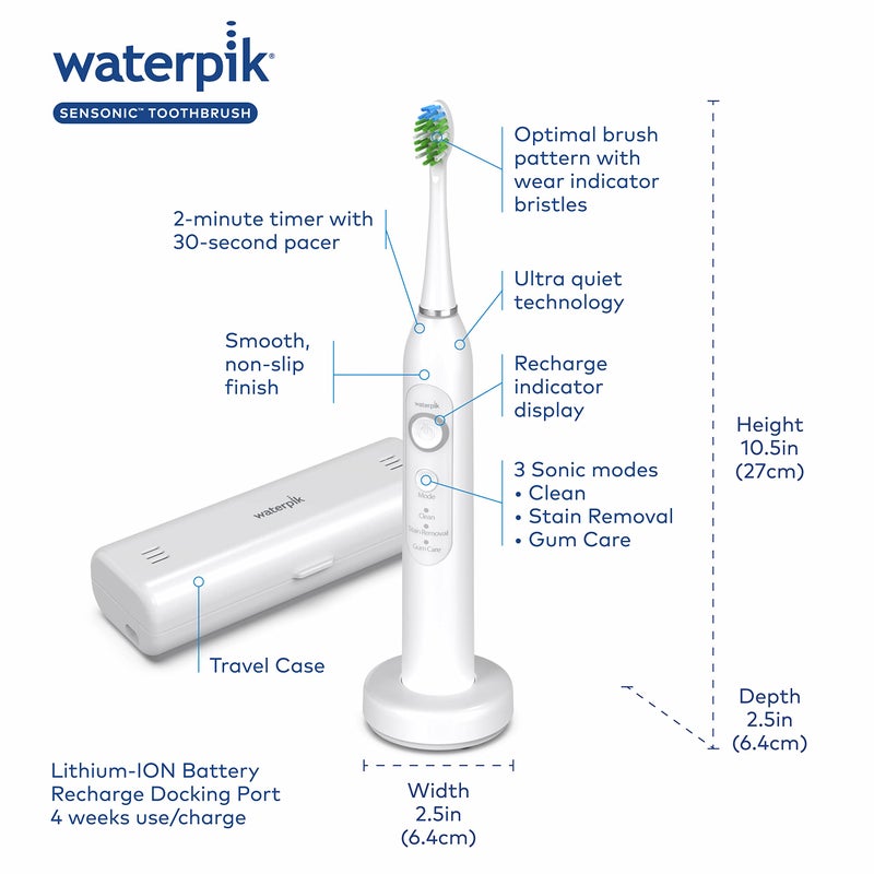 Waterpik فرشاة أسنان كهربائية وتركيب صوتي من Waterpik Sensonic، فرشاة أسنان قابلة لإعادة الشحن للبالغين مع 3 أوضاع، علبة سفر، شاحن USB، أبيض STW-03W020، قد تختلف العبوة - Image 4