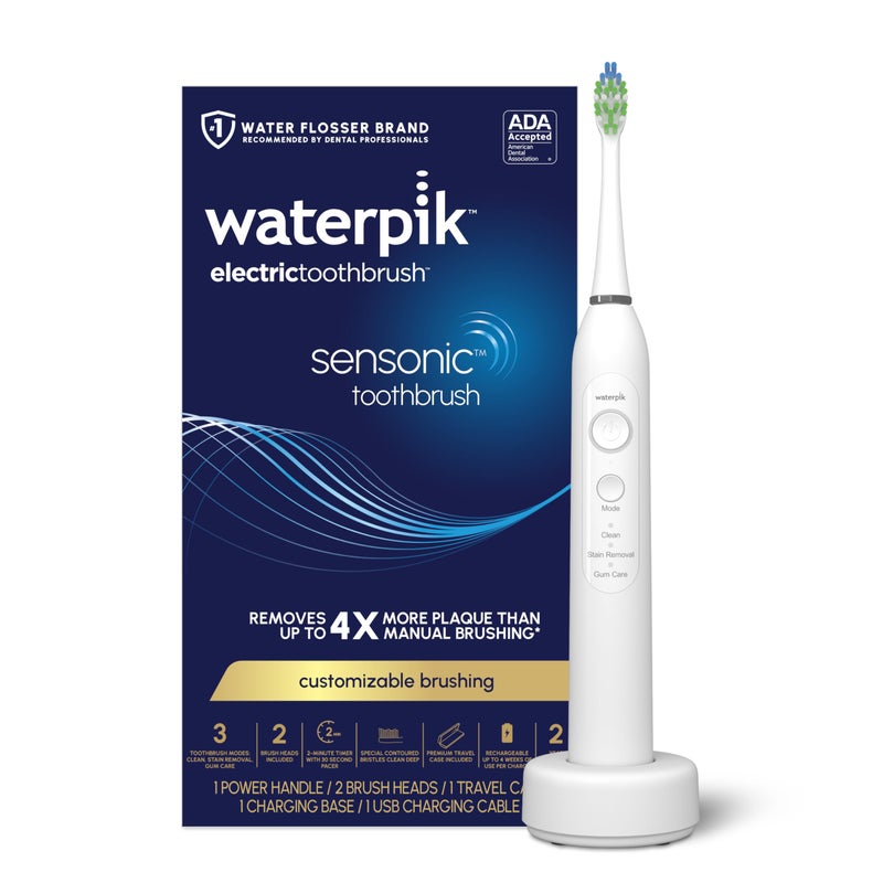 Waterpik فرشاة أسنان كهربائية وتركيب صوتي من Waterpik Sensonic، فرشاة أسنان قابلة لإعادة الشحن للبالغين مع 3 أوضاع، علبة سفر، شاحن USB، أبيض STW-03W020، قد تختلف العبوة - Image 1