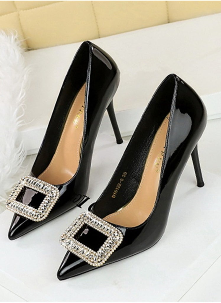 BIGTREE Women's Closed Pointed Toe Stiletto Pump Rhinestone Square Buckle Decoration High Heels Black 10 CM  - Image 1
