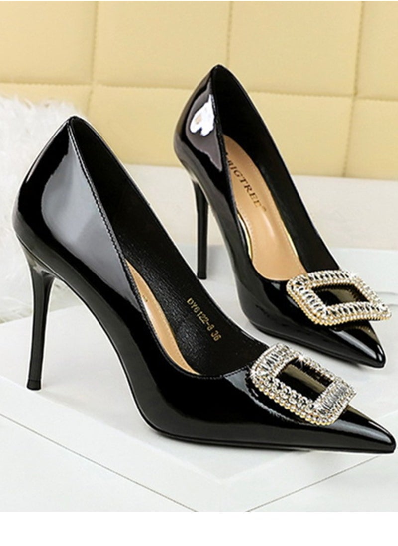 BIGTREE Women's Closed Pointed Toe Stiletto Pump Rhinestone Square Buckle Decoration High Heels Black 10 CM  - Image 2