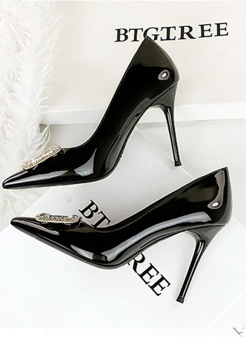 BIGTREE Women's Closed Pointed Toe Stiletto Pump Rhinestone Square Buckle Decoration High Heels Black 10 CM  - Image 3
