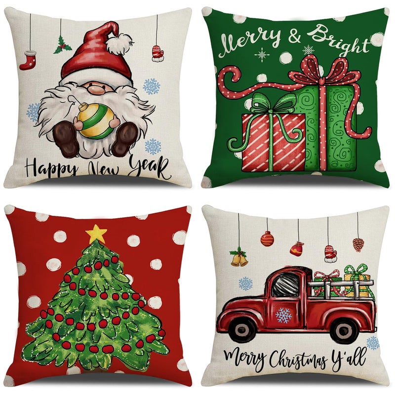 Coliuso Christmas Throw Pillow Covers 18x18 Set of 4 Xmas Series Holiday Cushion Pillow Cover Christmas Decorations for Sofa Couch Bed Farmhouse Outdoor Living Room Red and Green