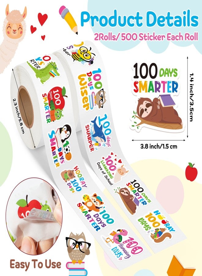 OSNIE 100 Days of School Stickers - 1000Pcs in 2 Rolls Cute Animals 100 Days Smarter Incentive Reward Sticker, Teacher Encouragement Students Decals for Party Favors Classroom Birthday Gifts - Image 2