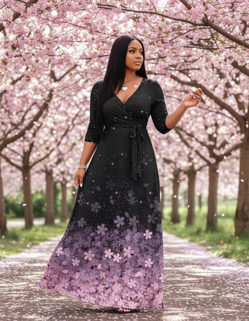 FANDEE Plus Size Maxi Dress for Women Casual Summer Sundress V-Neck 3/4 Sleeve(Sakura,X-Large) - Image 3