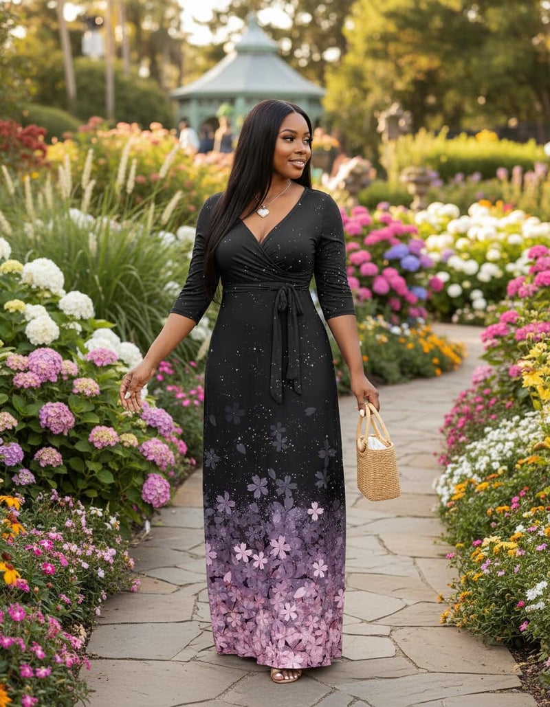 FANDEE Plus Size Maxi Dress for Women Casual Summer Sundress V-Neck 3/4 Sleeve(Sakura,X-Large) - Image 4