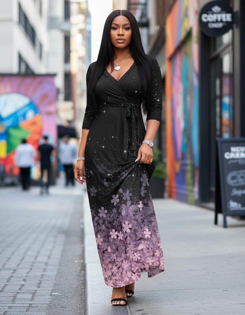 FANDEE Plus Size Maxi Dress for Women Casual Summer Sundress V-Neck 3/4 Sleeve(Sakura,X-Large) - Image 5