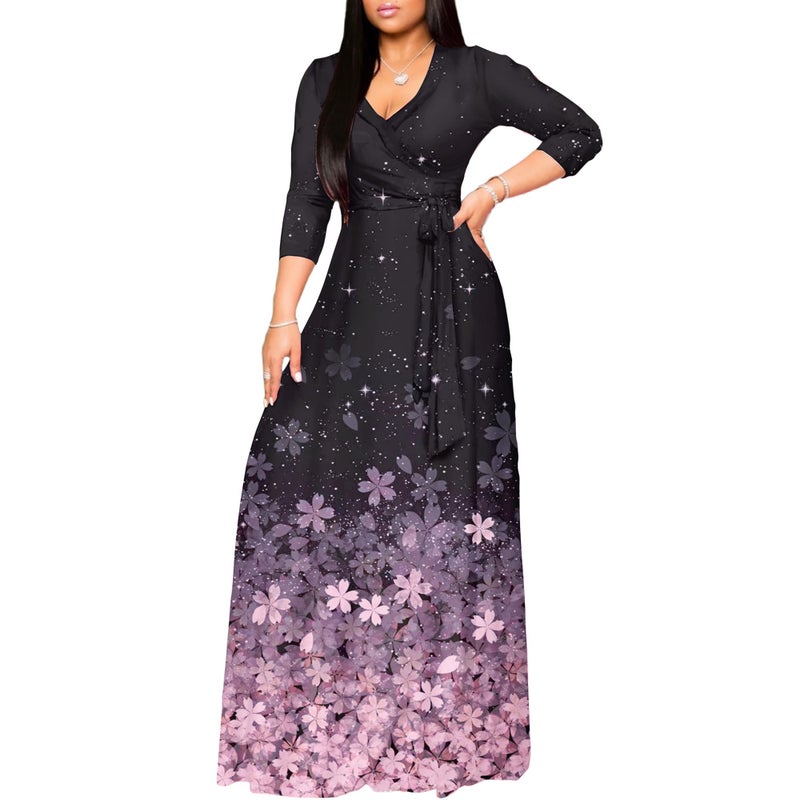 FANDEE Plus Size Maxi Dress for Women Casual Summer Sundress V-Neck 3/4 Sleeve(Sakura,X-Large) - Image 2