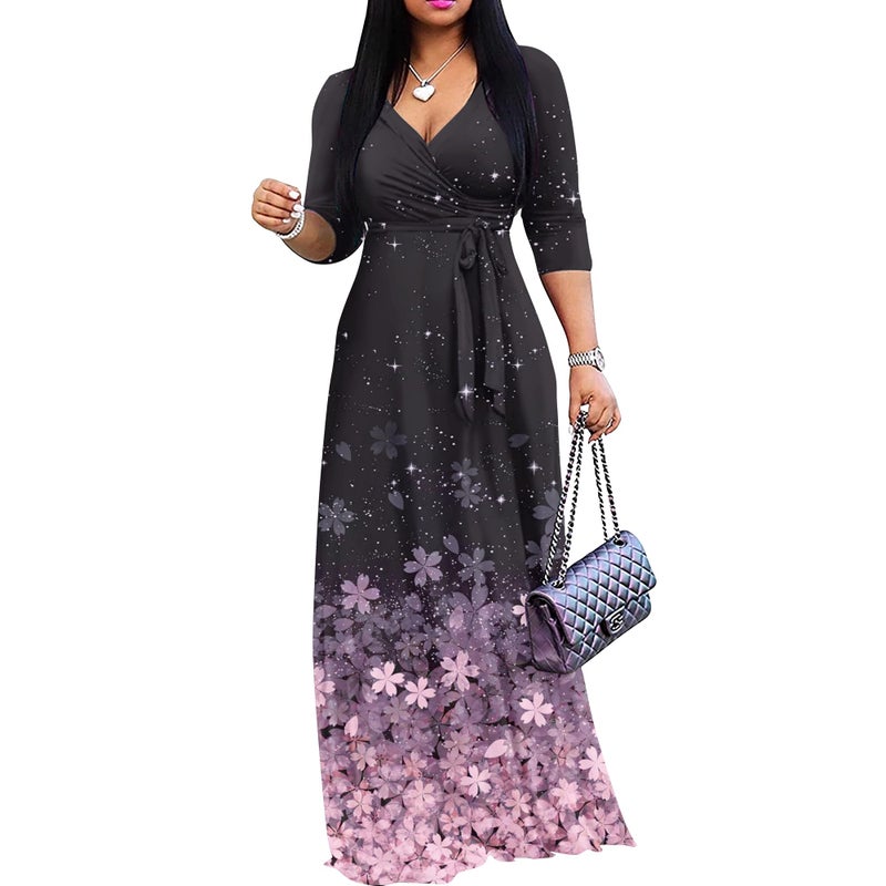 FANDEE Plus Size Maxi Dress for Women Casual Summer Sundress V-Neck 3/4 Sleeve(Sakura,X-Large) - Image 1