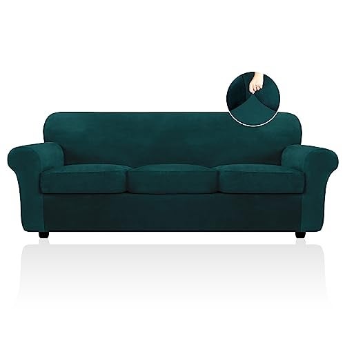 FestiCorp Velvet Sofa Covers for 3 Seat Cushion Couch Sofa Slipcovers Stretch 4 Piece Couch Cover Thick Furniture Covers for Dogs Pets Oversized Sofa Emerrald Green