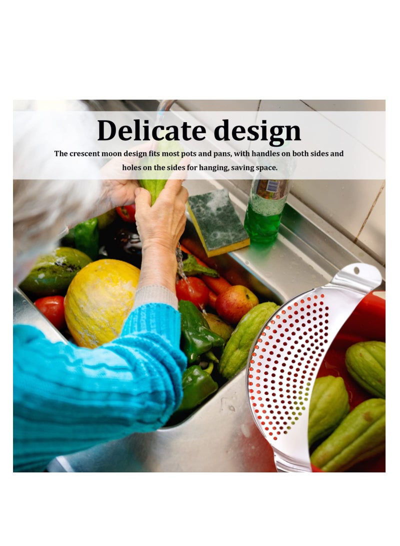 Stainless Steel Half Moon Pan Strainer Set - 2pcs Kitchen Colanders for Draining Pasta, Vegetables, Fruits, Rice, and Noodles - Durable High-Quality Material for Effortless Cooking.