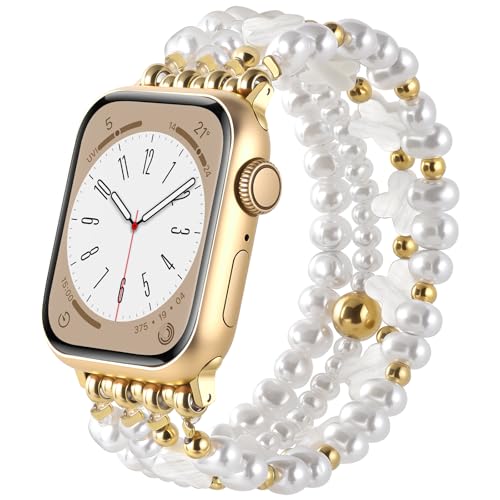 AIRSPO Beaded Bracelet Compatible with Apple Watch Bands 38mm 40mm 41mm 42mm 44mm 45mm Women, Mother-of-Pearl Bead Watch Strap iPhone Watch Bands for iWatch Series 11 10 9 SE 8 7 6 5 4 3 2 1 - Image 1