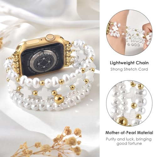 AIRSPO Beaded Bracelet Compatible with Apple Watch Bands 38mm 40mm 41mm 42mm 44mm 45mm Women, Mother-of-Pearl Bead Watch Strap iPhone Watch Bands for iWatch Series 11 10 9 SE 8 7 6 5 4 3 2 1 - Image 2