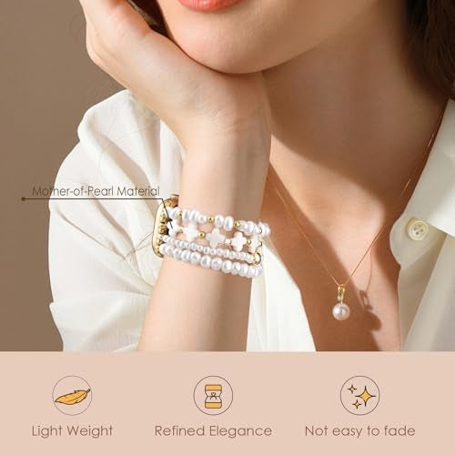 AIRSPO Beaded Bracelet Compatible with Apple Watch Bands 38mm 40mm 41mm 42mm 44mm 45mm Women, Mother-of-Pearl Bead Watch Strap iPhone Watch Bands for iWatch Series 11 10 9 SE 8 7 6 5 4 3 2 1 - Image 4
