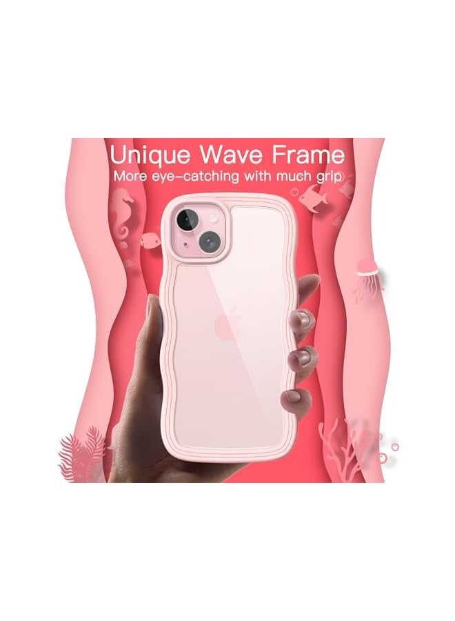 Jetech Cute Case for iPhone 15 Plus 6.7-Inch, Wave Frame Curly Shape Shockproof Phone Cover for Women and Girls, Clear Hard PC Back (Pink) - Image 3