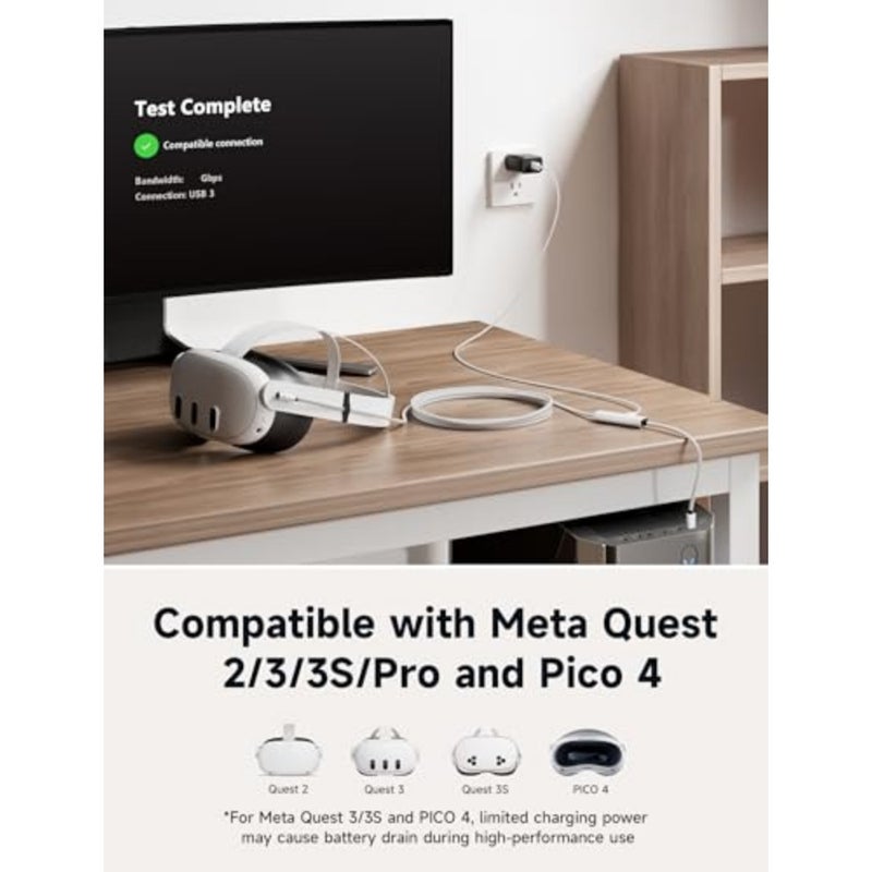 JSAUX Link Cable 5M for VR headsets: charging while playing, USB 3.0 high-speed data, compatible with Meta Quest 3S/3/2/Pro, Pico 4, PC VR, Steam VR - Image 4