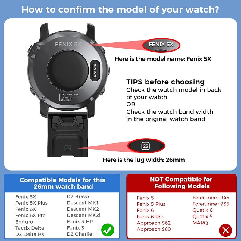 ANCOOL حزام ANCOOL متوافق مع Garmin Fenix 5X/6X/7X، حزام ساعة ناعم سهل التركيب بقطر 26 مم بديل لـ Fenix 5X Plus/Fenix 6X/Fenix 6X Pro/Tactix Charlie/Descent MK2 (أحمر) - Image 2