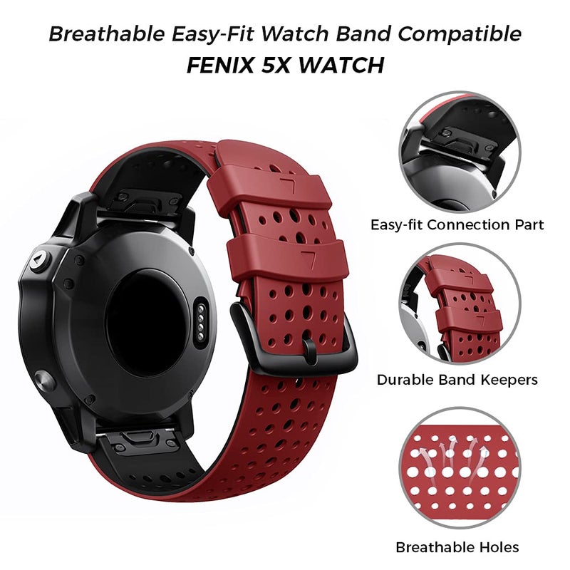 ANCOOL حزام ANCOOL متوافق مع Garmin Fenix 5X/6X/7X، حزام ساعة ناعم سهل التركيب بقطر 26 مم بديل لـ Fenix 5X Plus/Fenix 6X/Fenix 6X Pro/Tactix Charlie/Descent MK2 (أحمر) - Image 4