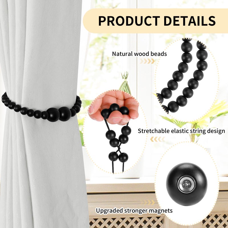 KLOGTSIND Magnetic Curtain Tiebacks, 2 Pack Curtain Holdbacks for Draperies, Wood Bead Curtain Tiebacks, Elegant Curtain Tie Backs for Bedroom Decor, Boho Room Decor, Nursery Decor, Farmhouse Decor - Image 5