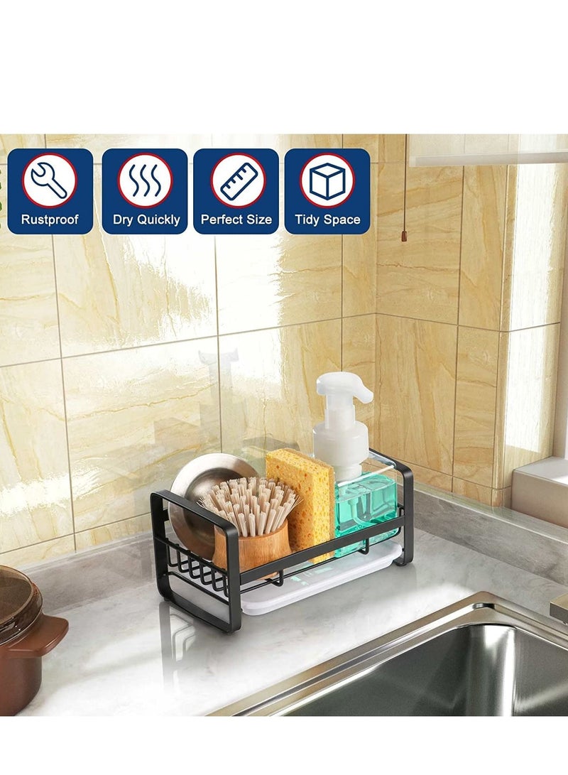 Kitchen Sink Sponge Holder, 304 Stainless Steel Kitchen Soap Dispenser Caddy Organizer, Countertop Soap Dish Rack Drainer with Removable Drain Tray, not Including Dispenser and Brush