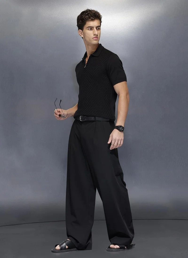 Wrogn Men’s textured zip polo tshirt | Black