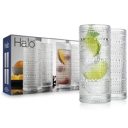 Glaver's Highball Drinking Glasses, 10.82 oz Sleek Hobnail Textured Glassware Modern Tall Tumblers set of 4 Iced Coffee Glasses, Highball Cocktail Set, Dishwasher Safe, Housewarming Gift Set - Image 1