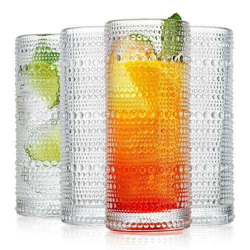 Glaver's Highball Drinking Glasses, 10.82 oz Sleek Hobnail Textured Glassware Modern Tall Tumblers set of 4 Iced Coffee Glasses, Highball Cocktail Set, Dishwasher Safe, Housewarming Gift Set - Image 3