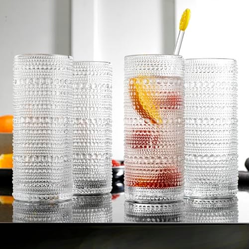 Glaver's Highball Drinking Glasses, 10.82 oz Sleek Hobnail Textured Glassware Modern Tall Tumblers set of 4 Iced Coffee Glasses, Highball Cocktail Set, Dishwasher Safe, Housewarming Gift Set - Image 5