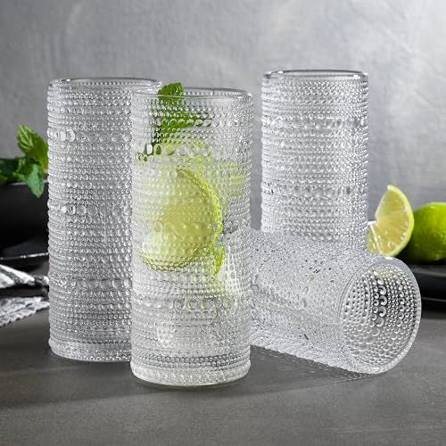 Glaver's Highball Drinking Glasses, 10.82 oz Sleek Hobnail Textured Glassware Modern Tall Tumblers set of 4 Iced Coffee Glasses, Highball Cocktail Set, Dishwasher Safe, Housewarming Gift Set - Image 4