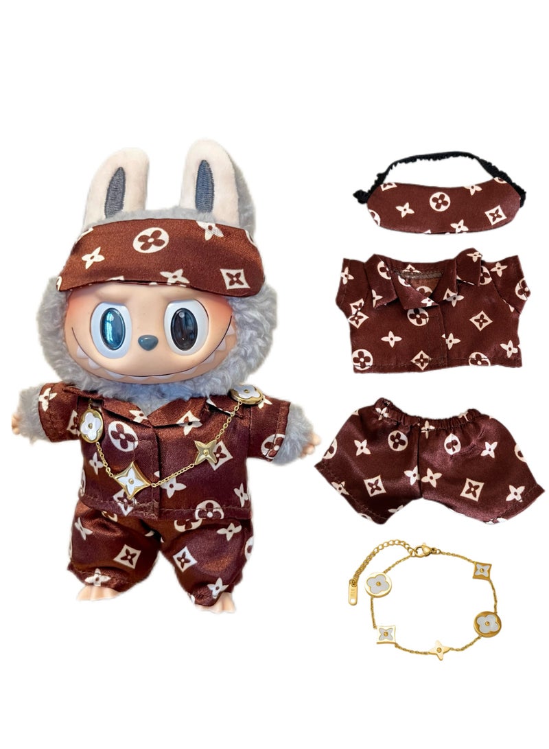 CUNUUDOOL 4pcs Luxury Chic Clothes Set & Outfit Set For 17cm Dolls, Labubu Clothes,Include :Brown Pyjamas Set Brown Blindfold Luxury Chic Necklace Accessories .Interchangeable Clothing For 1/2/3, Generation. - Image 1