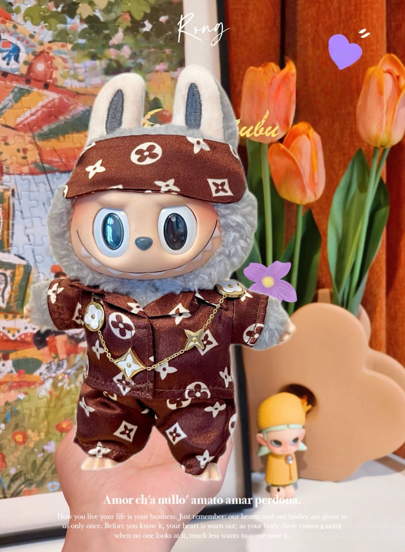 CUNUUDOOL 4pcs Luxury Chic Clothes Set & Outfit Set For 17cm Dolls, Labubu Clothes,Include :Brown Pyjamas Set Brown Blindfold Luxury Chic Necklace Accessories .Interchangeable Clothing For 1/2/3, Generation. - Image 2