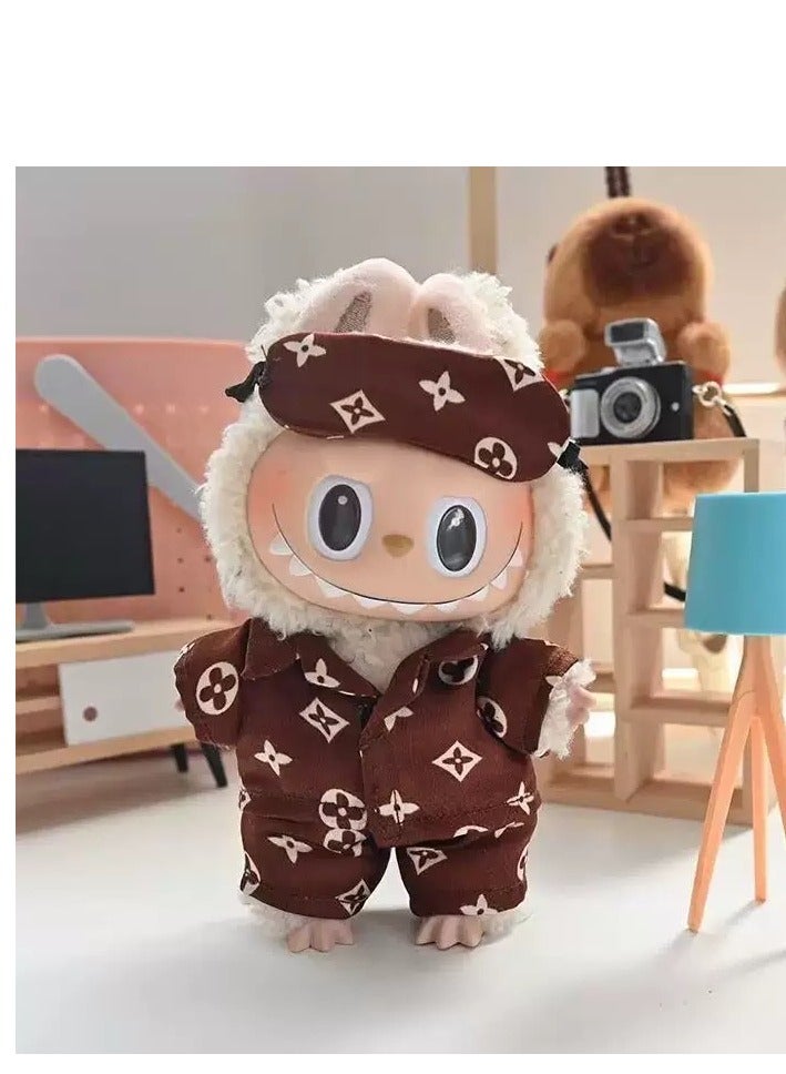 CUNUUDOOL 4pcs Luxury Chic Clothes Set & Outfit Set For 17cm Dolls, Labubu Clothes,Include :Brown Pyjamas Set Brown Blindfold Luxury Chic Necklace Accessories .Interchangeable Clothing For 1/2/3, Generation. - Image 3