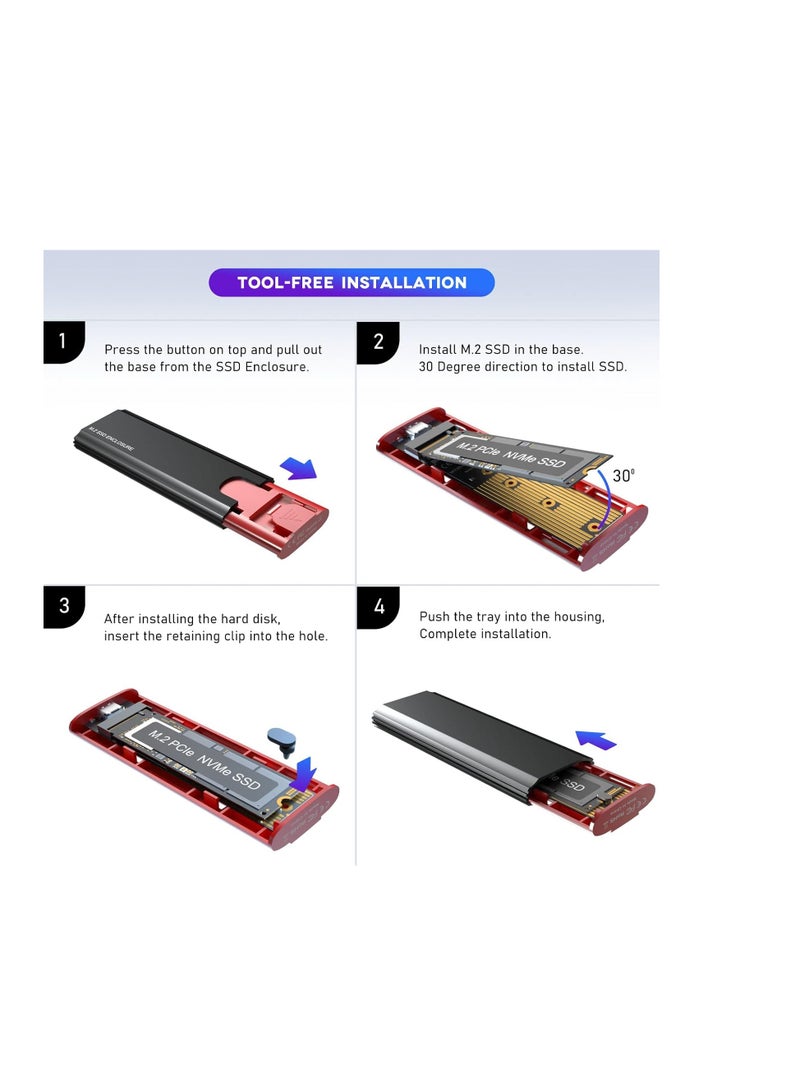 Aluminum M.2 NVME SSD Enclosure Adapter, USB3.1 Gen 2 to NVME PCIE M External Case, 10Gbps PCIe NVME M Key M.2 SSD Adapter to M.2 SATA (Black) - Image 5