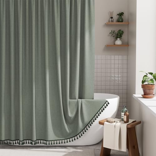 AmazerBath Boho Shower Curtains for Bathroom Farmhouse Shower Curtain with Tassels Sage Green Shower Curtain Set Faux Linen Fabric Shower Curtain with 12 Hooks Hotel Quality 72x72 Inches
