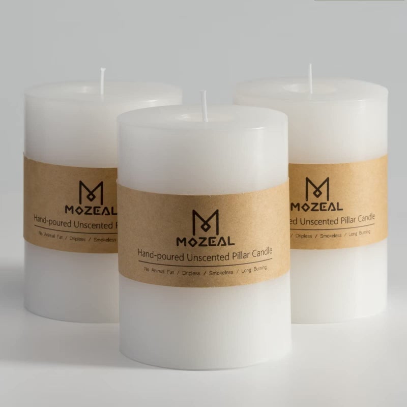 MOZEAL 3 x 4 HandPoured Unscented CandleDripless Pillar Candle Set of 3Long Clean BurningApprox 72 Hours Burn TimeRustic Country StyleWeddingDinnerChristmas and Home DecorWhite