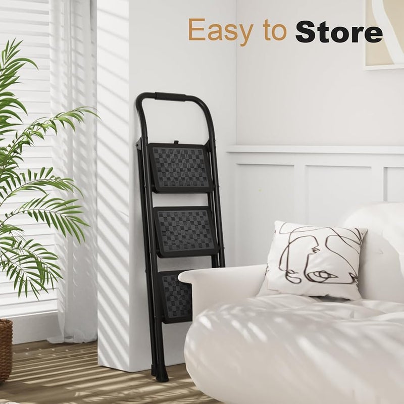 HBTower 3 Step Ladder, Step Stool Foldable for Adults with Wide Anti-Slip Pedal, Lightweight 3 Step Ladders for Home, Black - Image 5